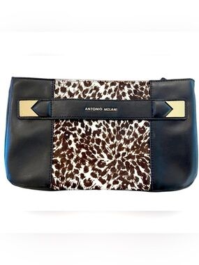 NEW Genuine Leather Black & White Calf Hair Zip Clutch Handbag